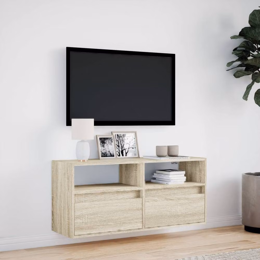 Berkfield Home TV Wall Cabinet with LED Lights in Sonoma Oak Brown, W/D/H: 100 x 31 x 45 cm – 2