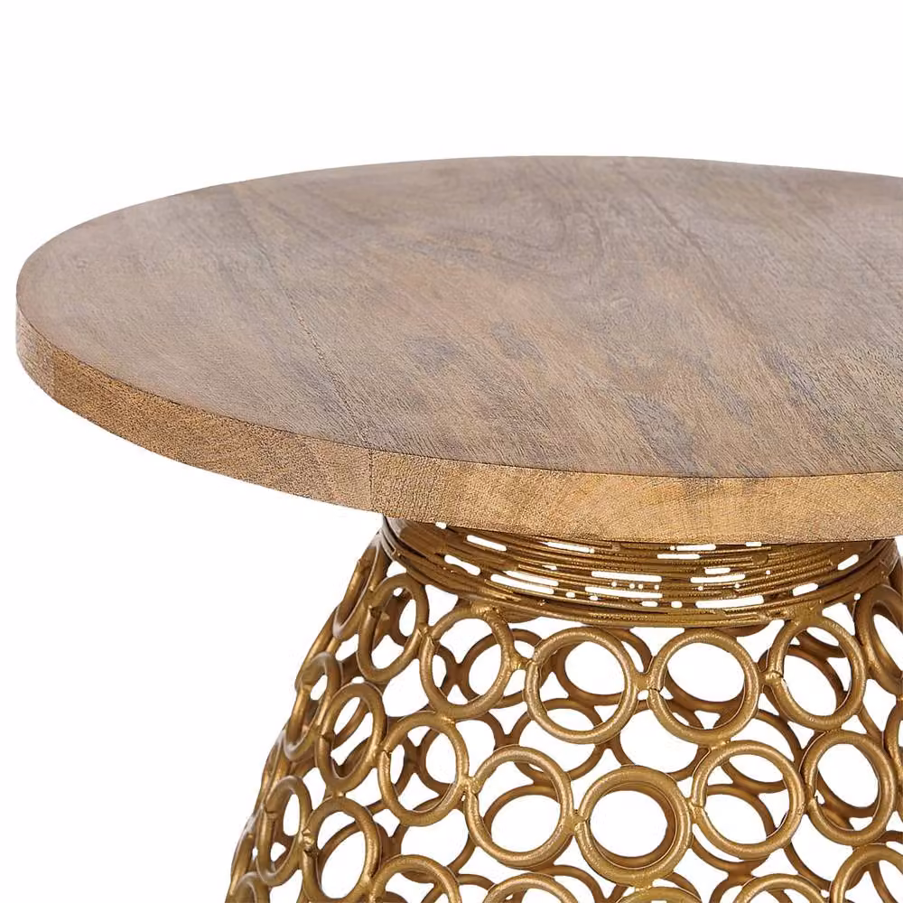 Wyld and Coco Round Mango Wood Side Table with Gold Metal Base, Diameter: 30 cm, Height: 30 cm – 3