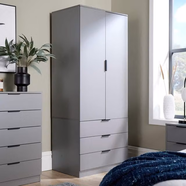 Home Source Phoenix Grey 2 Door 3 Drawer Wardrobe with Internal Shelves and Hanging Rod