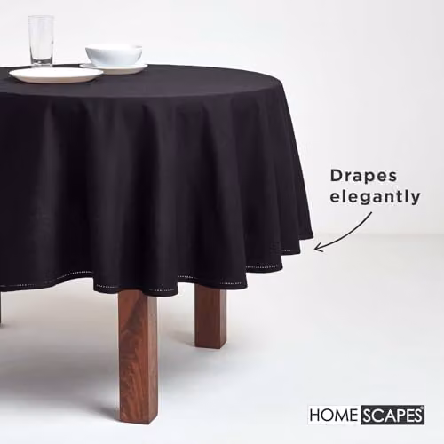 Homescapes Plain Black Round Cotton Tablecloth, Diameter: 178 cm – 6