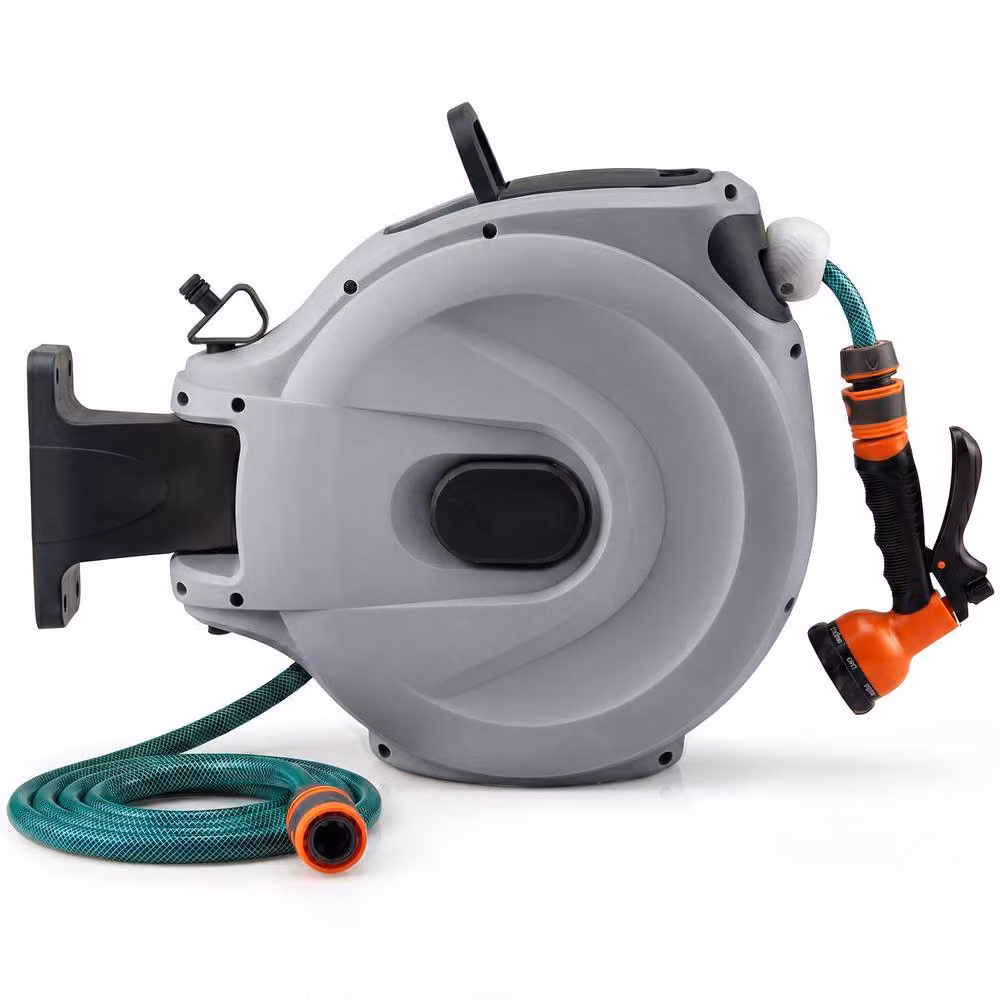 Gymax Retractable Hose Reel with Auto-Rewind and Wall Mount, 1/2 inch, 15m, Grey – 7