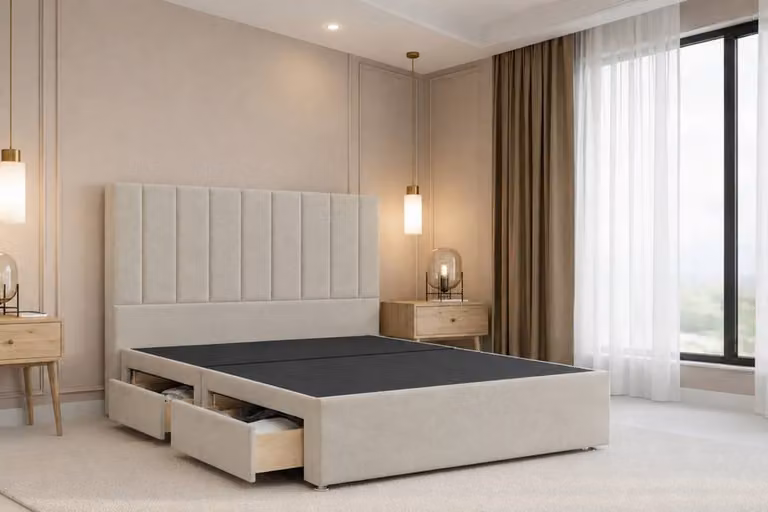 Chester & Oakley Lunar Plush Divan Bed Base with 4 Drawers and 54 inch Headboard in Beige, W/D/H: 120 x 200 x 135 cm