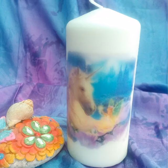 Viki White Fairy and Unicorn Wax Pillar Candle Figure