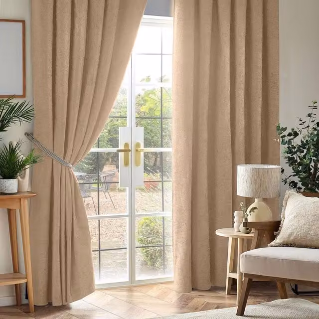 Luxury Living Beige Chenille Blackout Pencil Pleat Top Curtains, Width: 168 cm, Drop: 229 cm – 1