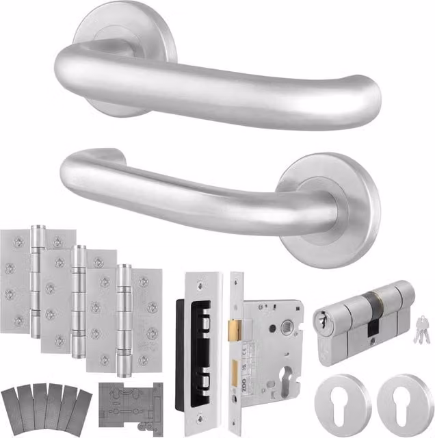 AFIT Satin Stainless Steel Fire Rated Return to Door Handles with Euro Double Cylinder and Hinges, Silver, 150 x 150 mm – 1