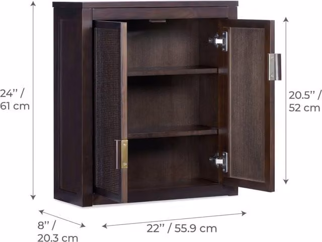 Teamson Home Hatteras Wall Mounted Cabinet with Rattan Doors and Pine Frame in Black