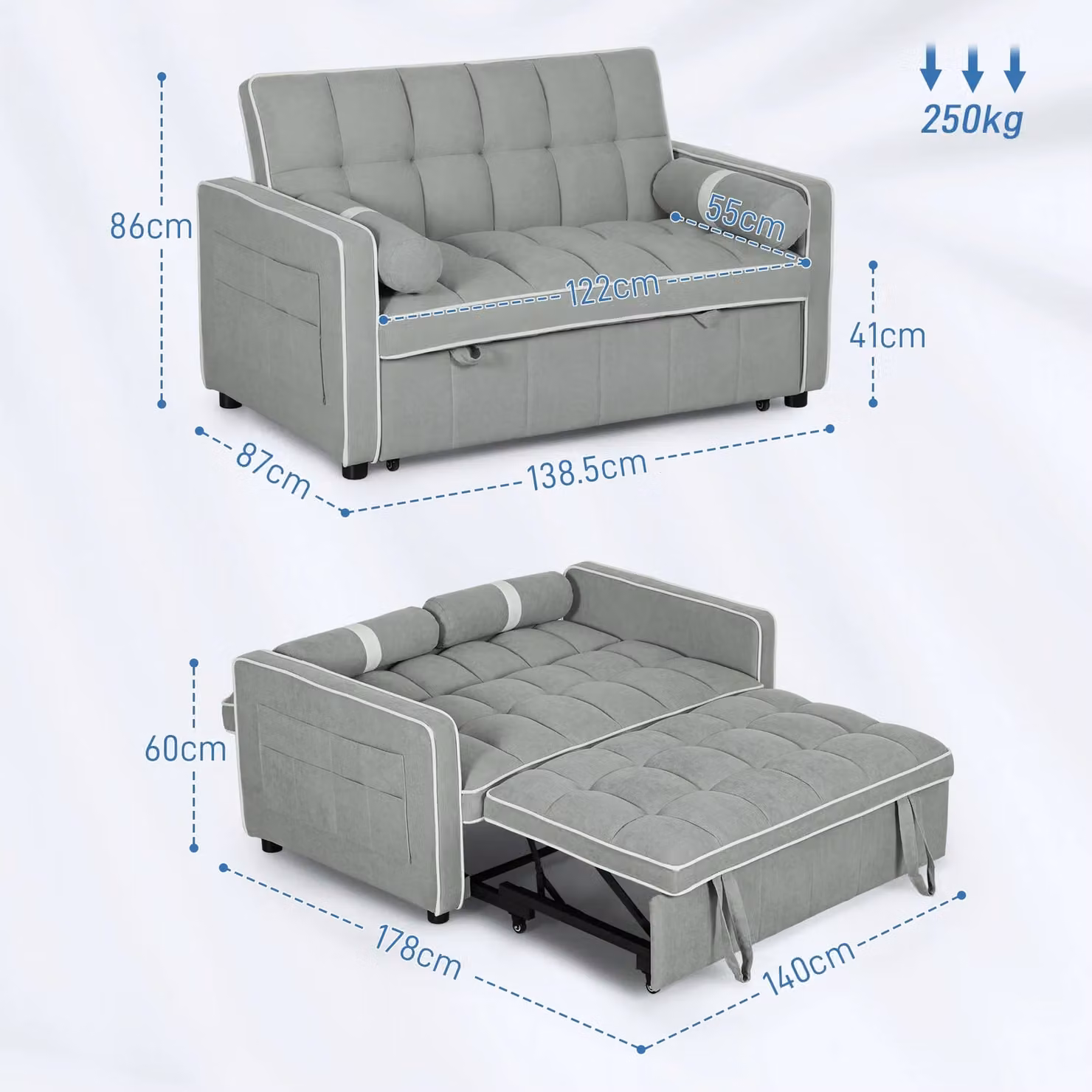 HOMCOM 2 Seater Modern Fabric Pull Out Sofa Bed with Scatter Cushions in Grey – 3