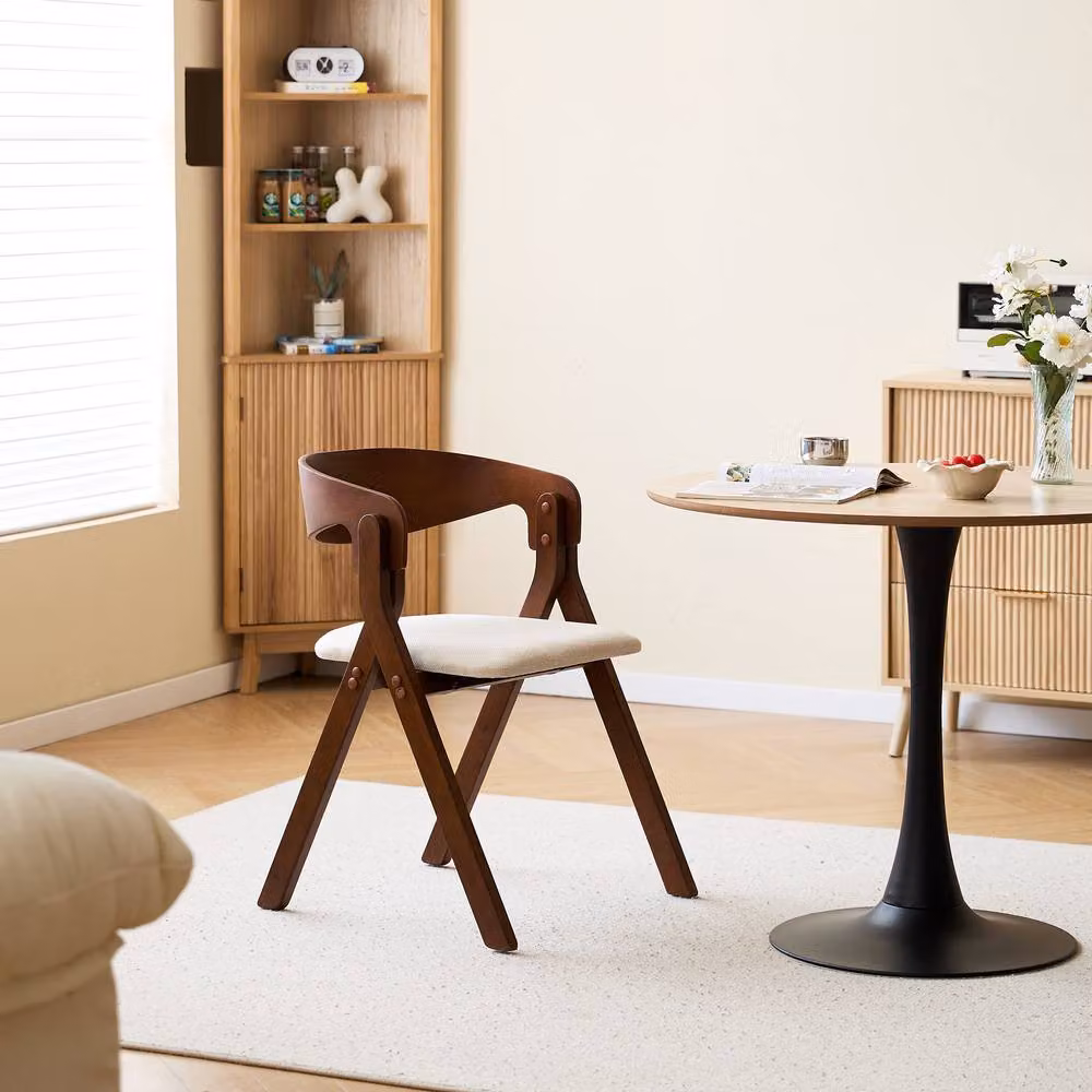Nordlys Set of 2 Scandinavian Style Walnut Wood and Beige Fabric Dining Chairs with Armrests – 3