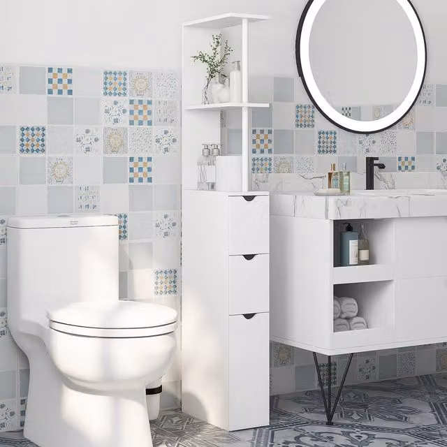 HOMCOM Modern Tall White Bathroom Storage Cabinet with Drawers