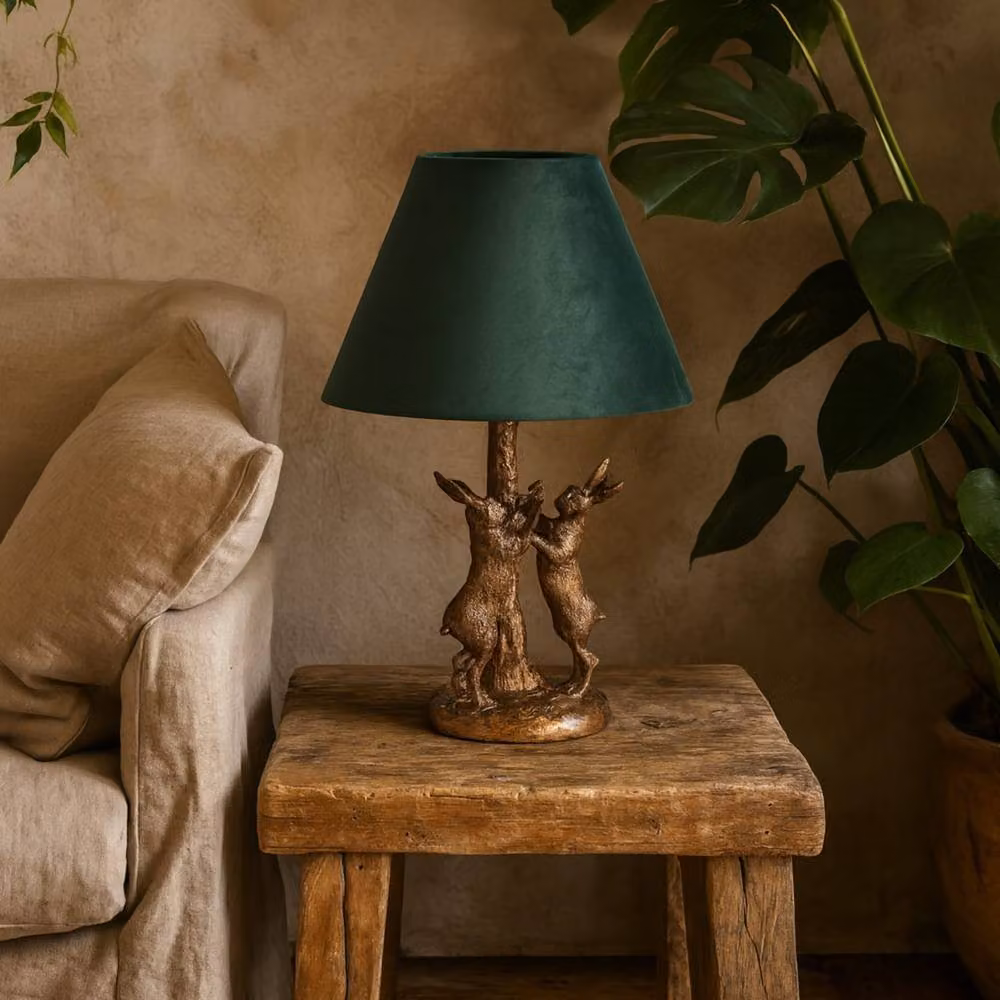 Wyld Haus Sault Antique Gold Marching Hares Table Lamp with Green Velvet Shade – 2