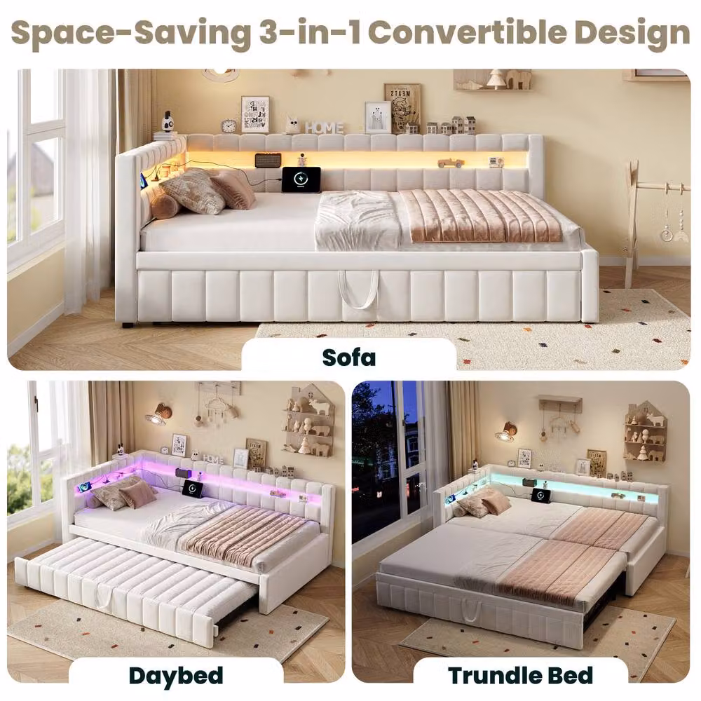 ModernLuxe Beige Velvet Upholstered Single Daybed with Pull Out Trundle, LED Under-Bed Lighting and USB Charging Port – 3