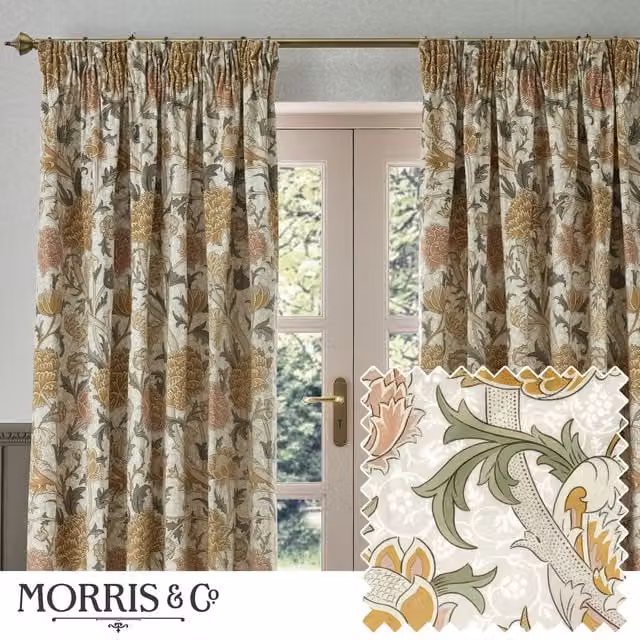 Morris & Co Floral Velvet Room Darkening Pencil Pleat Curtains in Beige and Multicolour, Width: 168 cm, Drop: 137 cm – 1