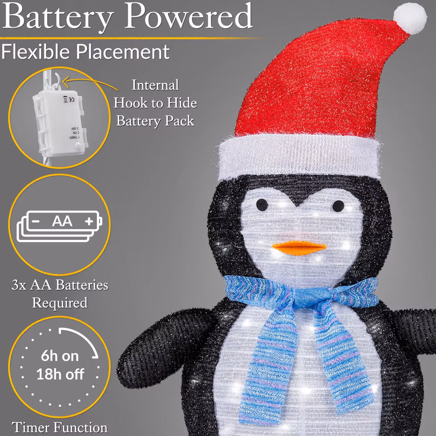 Christow Pop Up LED Christmas Decoration Penguin in White and Multicolour, H 70 cm x W 30 cm x D 30 cm, Battery Operated – 4