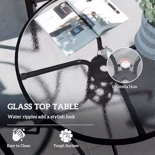Outsunny 5 Piece Black Garden Dining Set with Round Glass Top Table and 4 Chairs – 4