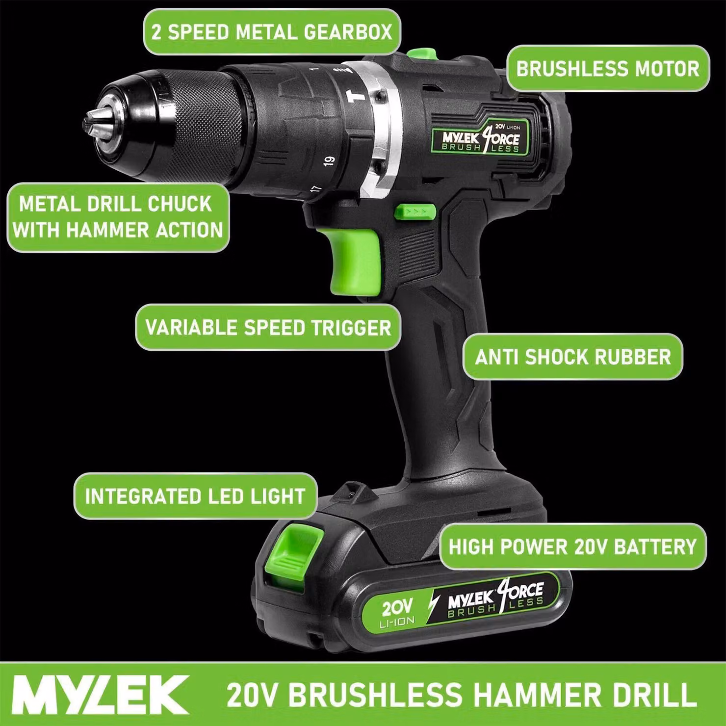 MYLEK 20V Cordless Brushless Impact Hammer Drill with 204 Piece Accessory Kit in Black – 2
