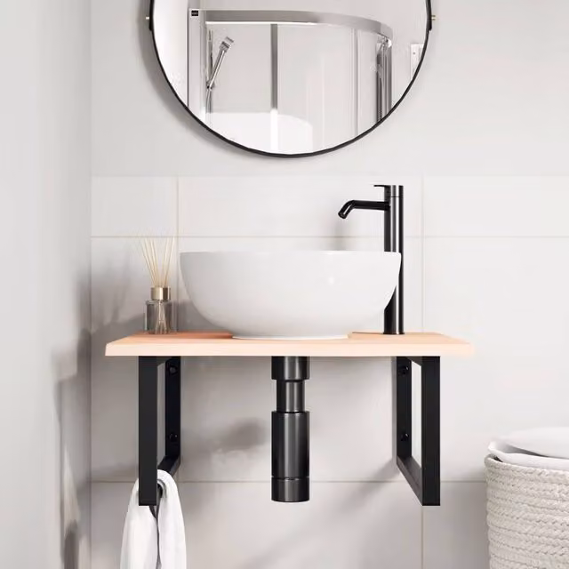 Berkfield Home Elegant Wall Mounted Basin Shelf in Light Oak and Black Steel – 1