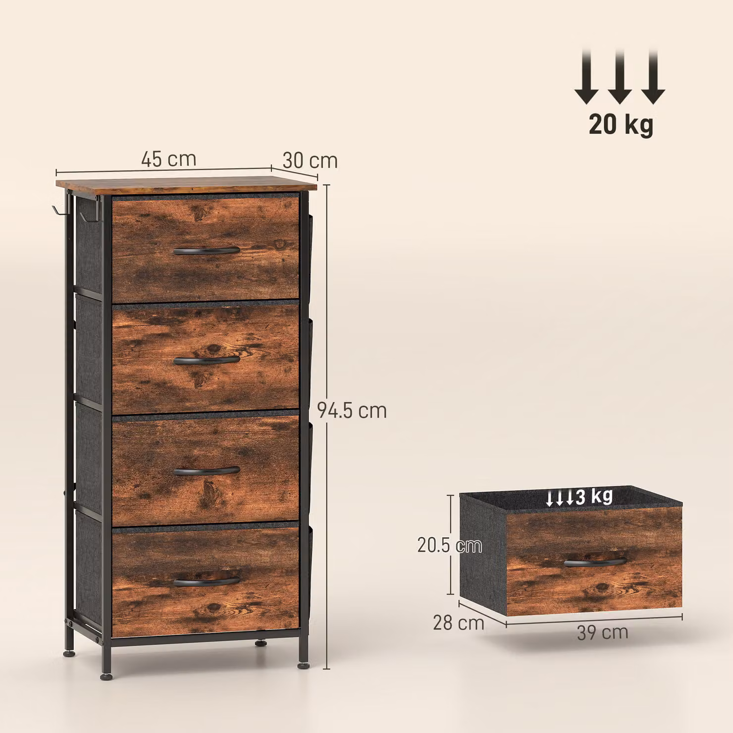 HOMCOM Chest of Four Fabric Drawers in Rustic Brown with Metal Frame – 3