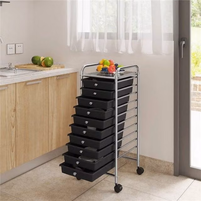 EONLION Black 10 Drawer Rolling Metal Storage Cart with Castors and Lock