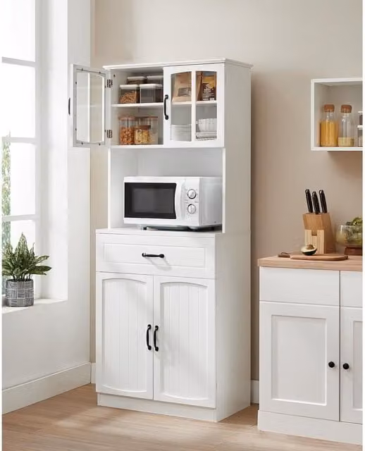 VASAGLE Modern Tall Kitchen Pantry Cabinet with Transparent Glass Doors in White