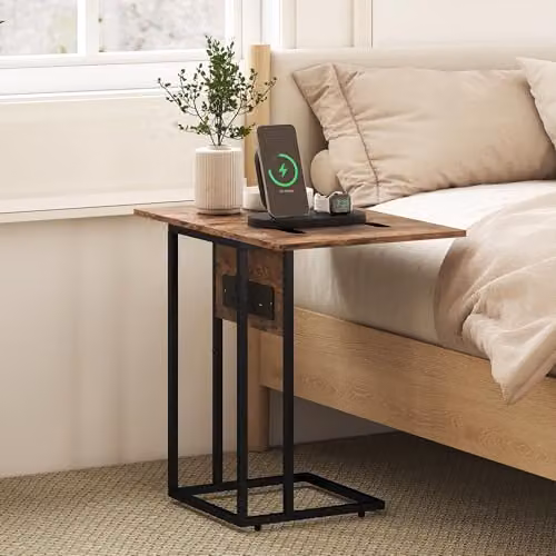 HOMCOM C Shaped Side Table with Charging Station in Rustic Brown and Black – 7