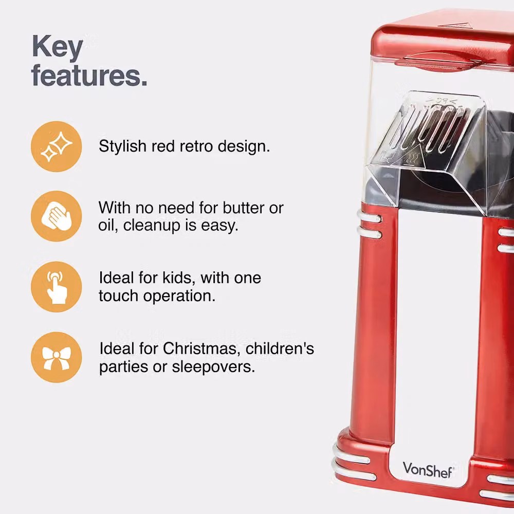 VonShef Retro Popcorn Maker Machine, 1200W Hot Air Circulation Air Popcorn Maker with One Touch Operation and 6 Boxes, Red – 2