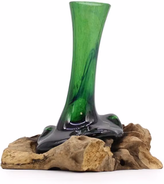 KDMK Eco Friendly Recycled Beer Bottle Flower Vase with Wood Base in Brown and Green