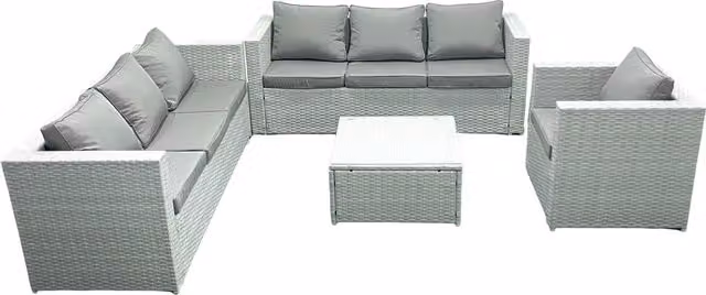 Fimous Wicker PE Rattan Garden Furniture Set in Light Grey with 3-Seater Sofa, 2-Seater Sofa, Armchair, Coffee Table and Upholstered Cushions