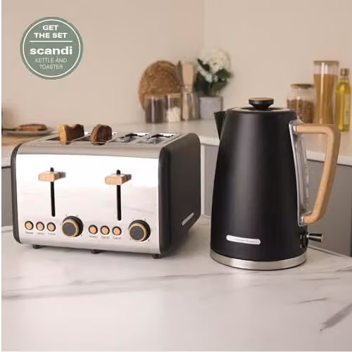 Hamilton Beach Scandi Kettle and 4-Slice Wide Slot Toaster Set in Black with Stainless Steel Accents – 3