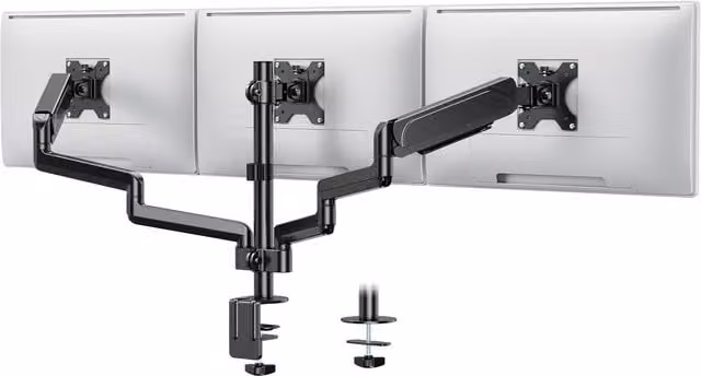 VonHaus Height Adjustable Three Screen Mount with Clamp and Gas Spring Arms, Black