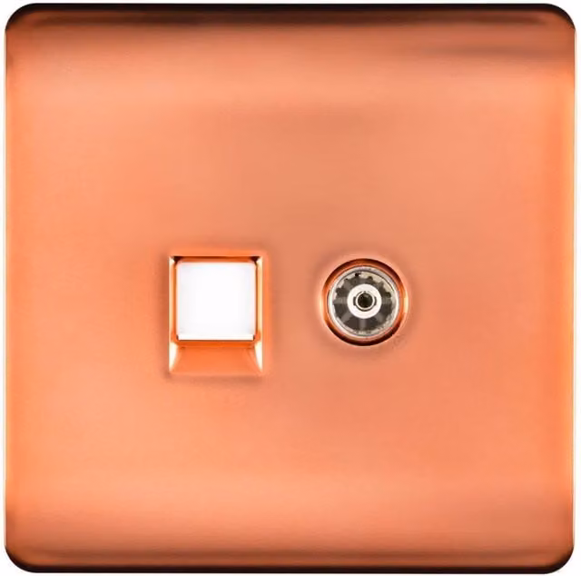 Trendi Switch 2 Gang Combination Flush TV Co-Axial and RJ45 Cat 6 Ethernet Sockets in Copper