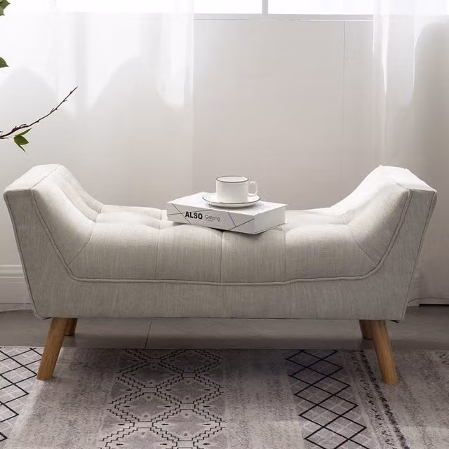 Livingandhome Mid-Century Straight Fabric Bench with Beech Wood Legs in Beige and Brown