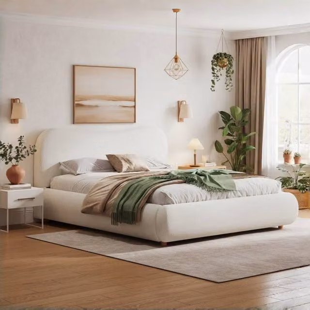 Merax White Boucle Upholstered King Ottoman Bed with Curved Headboard, W/D/H: 135 x 190 x 98 cm