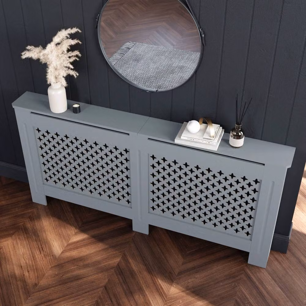 ERGOVEXA Grey MDF Wood Radiator Cover Wall Cabinet with Geometric Cross Grill Shelf – 3