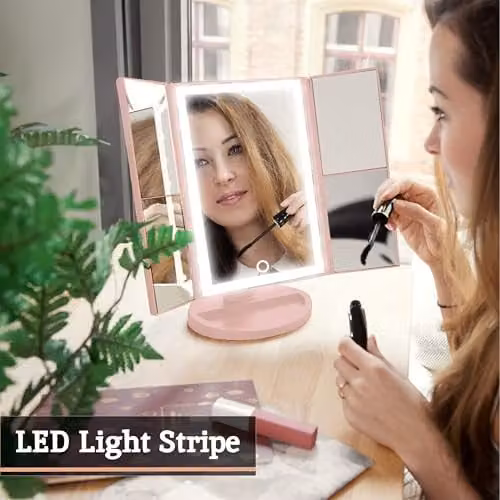 Premier Housewares Pink LED Tri Fold Tabletop Mirror with Touch Switch and USB Charging – 2