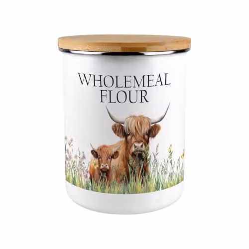 Purely Home Floral Enamel Flour Canister with Bamboo Lid in Brown and White