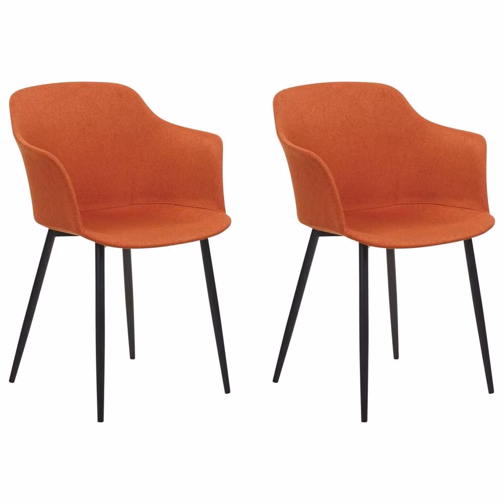 Wyld and Coco Set of 2 Orange Fabric Upholstered Retro Dining Chairs with Black Metal Legs – 2