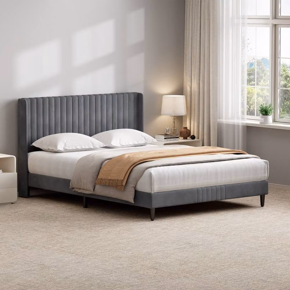 MCC Direct Charlie Velvet Upholstered King Size Bed Frame in Grey, W/D/H: 180 x 200 x 105 cm – 9