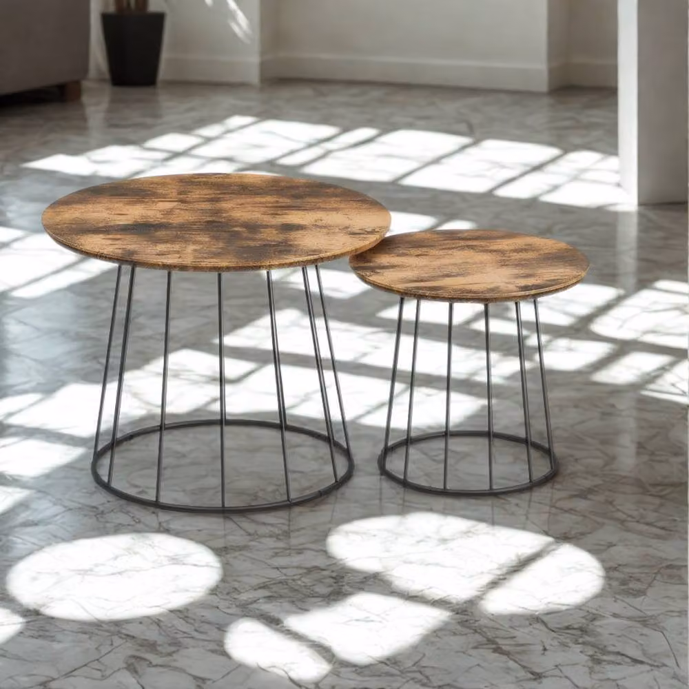 Pirlo Plush Set of 2 Industrial Round Coffee Centre Accent Tables in Brown – 4
