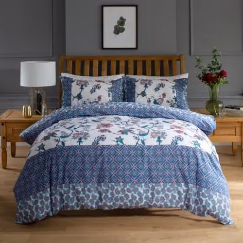 Deyongs Jacobean Reversible Blue Floral Duvet Set with Pillowcases, 100% Polycotton