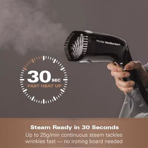 Hamilton Beach Handheld ProCare Garment Steamer with Brush Attachment, Black and Bronze, 1500W – 3