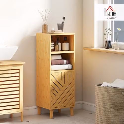 HOMCOM Slim Bathroom Cabinet in Brown Bamboo with Hinged Doors and Open Shelf, W/D/H: 32 x 30 x 90 cm – 2