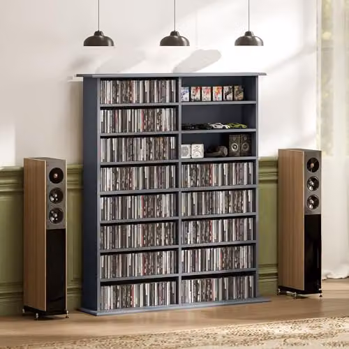 HOMCOM Grey Media Storage Unit with Adjustable Shelves for CDs and DVDs – 8