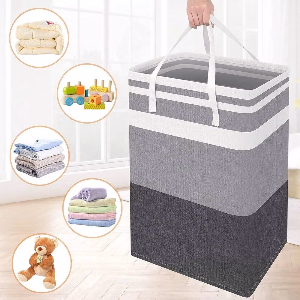 PAWNORA Set of 2 Fabric Laundry Baskets with Handles, Black and Grey Stripes, W: 60 cm, D: 40 cm, H: 75 cm – 4