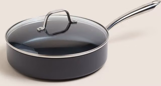 M&S Hard Anodised Aluminium Large Sauté Pan with Glass Lid, Black, 26cm
