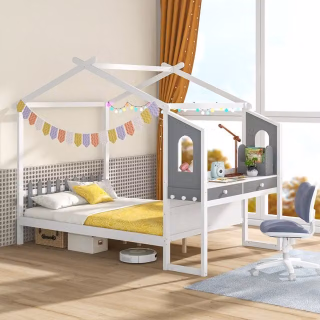 Costway Montessori House Bed Frame for Children in White Solid Wood, 140 x 200 cm