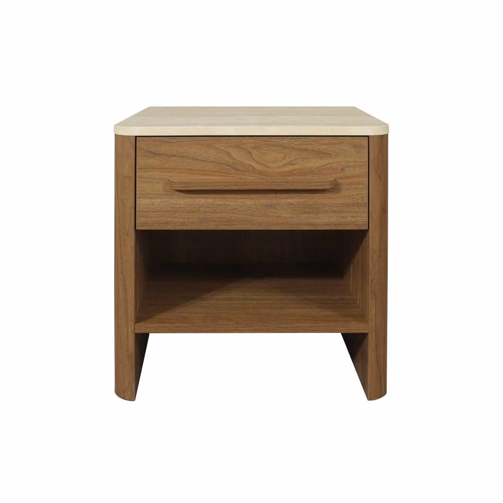 sweeek Set of 2 Dark Brown Wood Bedside Tables with Travertine Effect Top and 1 Drawer – 2