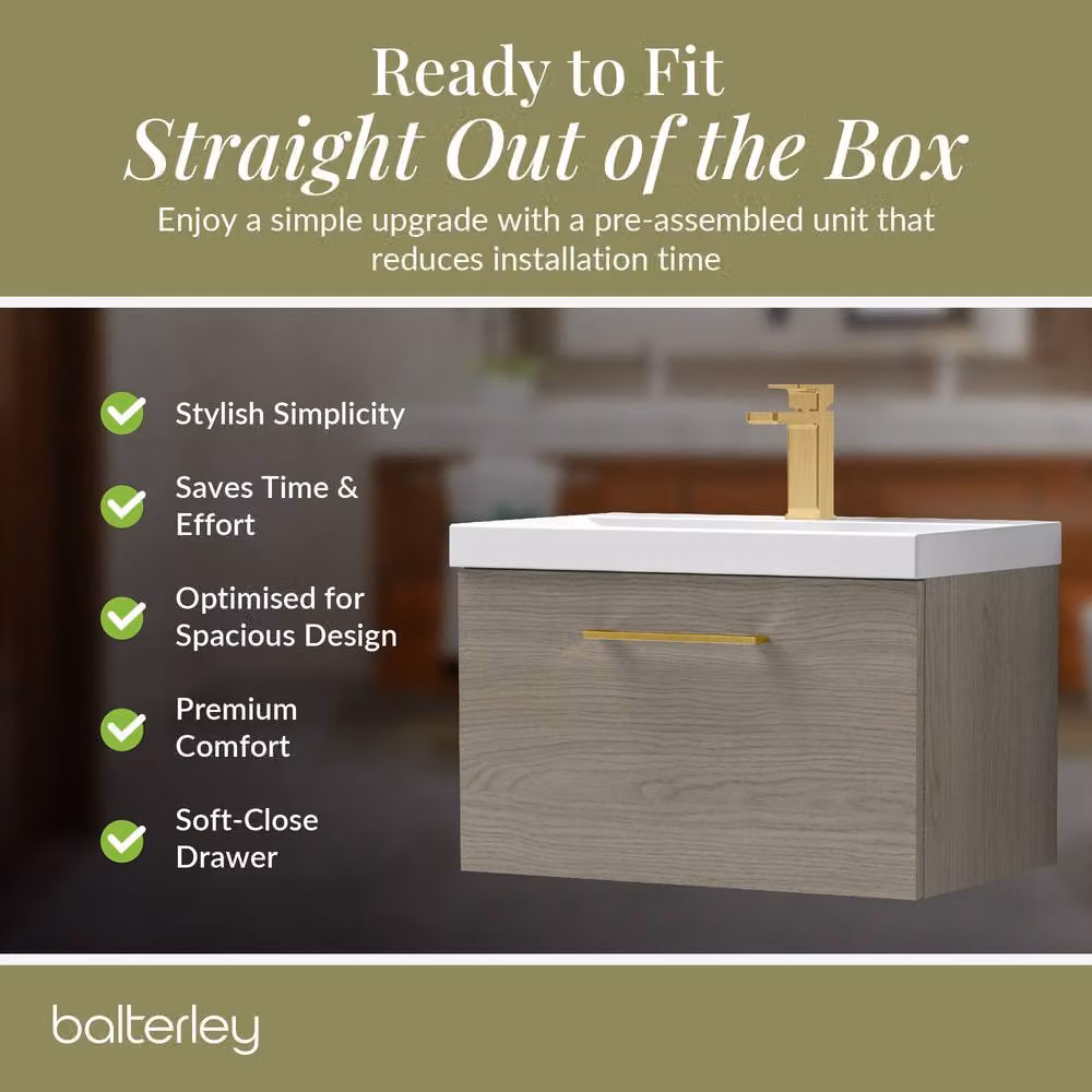 Balterley Mid Oak Wall Hung 1 Drawer Vanity Basin Unit with Brass Handle, Brown – 4