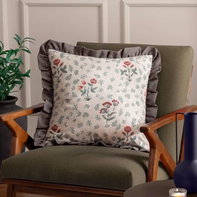 Paoletti Renata Floral Printed Linen Ruffle Cushion, Multicolour, W/D/H: 50 x 50 x 50 cm