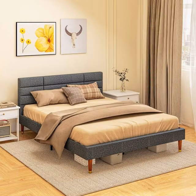HOMCOM Upholstered Bed Frame with Wooden Headboard and Drawers, Grey, 180 x 200 cm