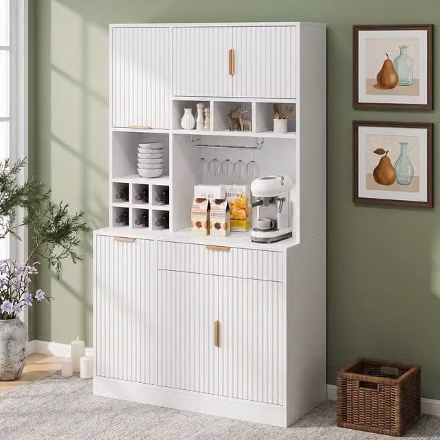Merax Modern Tall Kitchen Pantry Cabinet in White with Power Outlets, Wine Storage and Glass Doors, H: 175 cm, W: 100 cm, D: 40 cm – 1